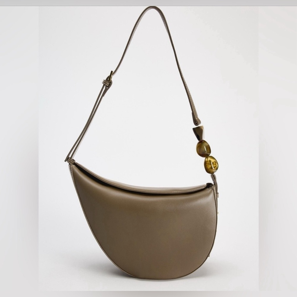 Zara Olive Brown Crescent Shoulder Bag with Amber Bead Detail NWT